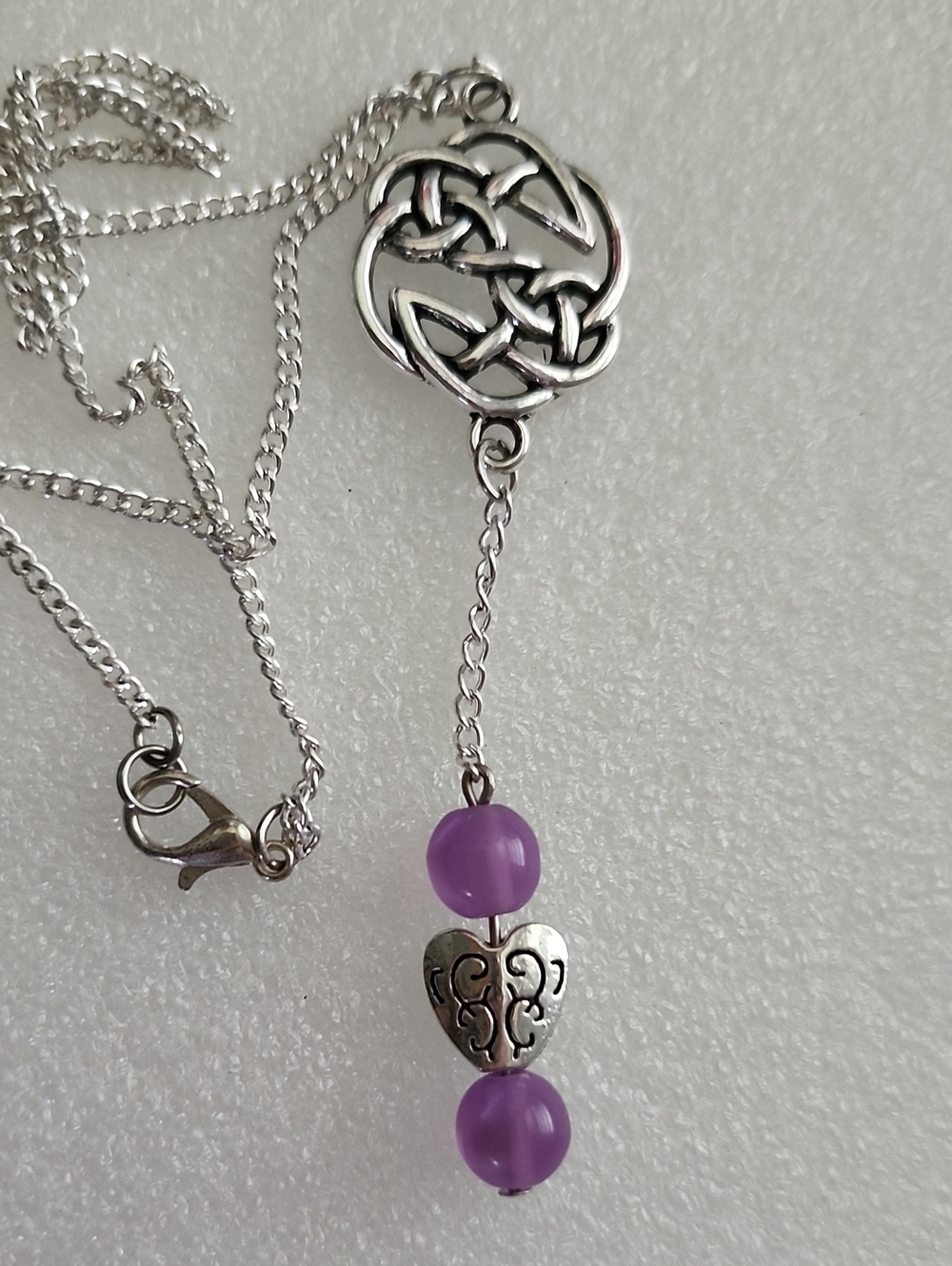 Hand Crafted Silver Celtic Heart Necklace with Purple Beads